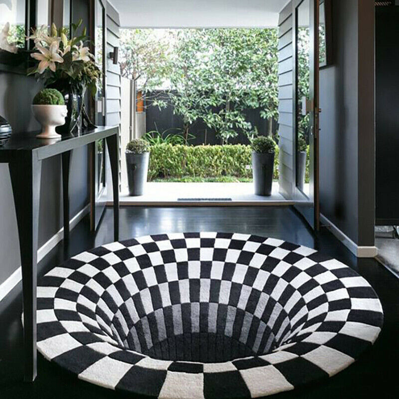 3D Vortex Carpet Black White Grid Bottomless Hole Illusion Rug Living Room Bedroom Anti-Slip Floor Mats Home Fashion Carpet Rugs sun store