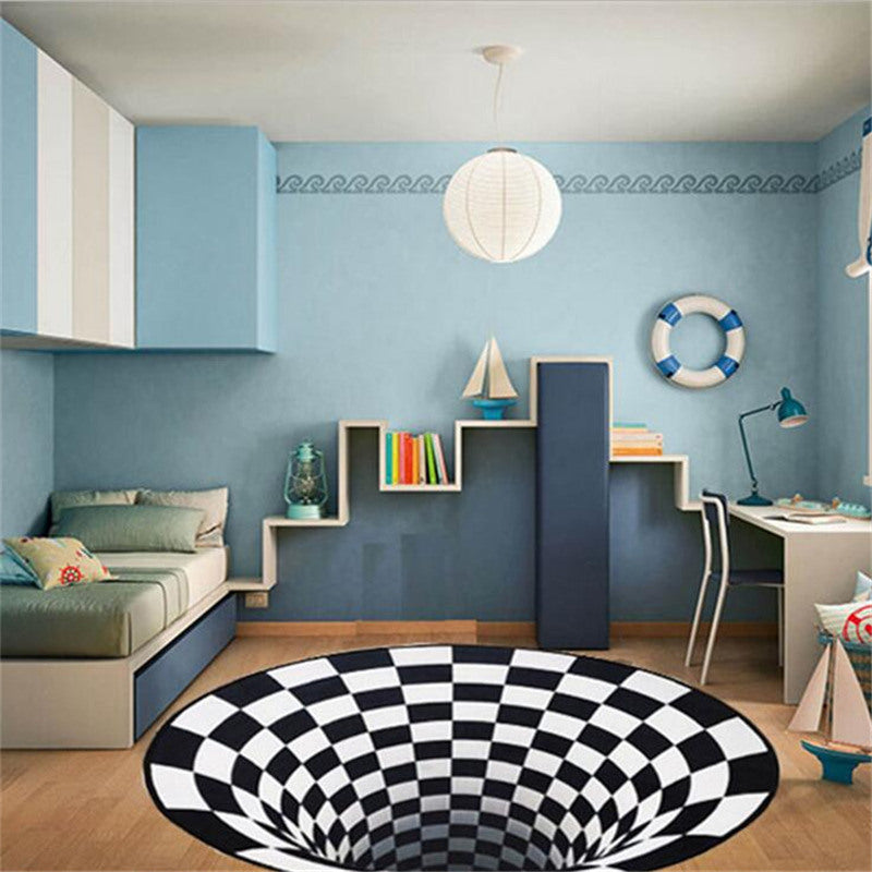 3D Vortex Carpet Black White Grid Bottomless Hole Illusion Rug Living Room Bedroom Anti-Slip Floor Mats Home Fashion Carpet Rugs sun store