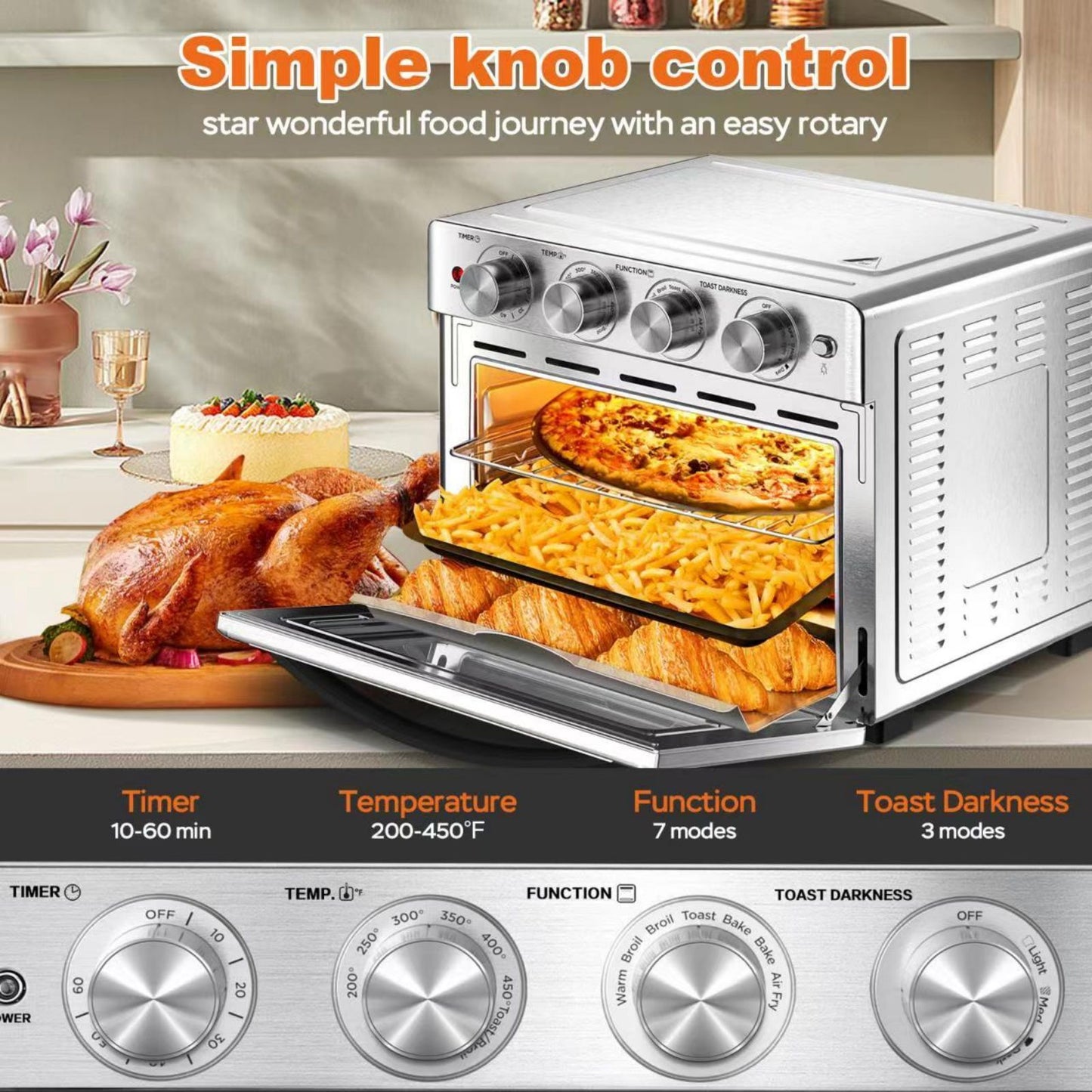 Geek Chef Air Fryer 6 Slice 26QT 26L Air Fryer Fry Oil-Free   Extra Large Toaster Oven Combo   Air Fryer Oven  Roast  Bake   Broil  Reheat   Convection Countertop Oven   Stainless St sun store