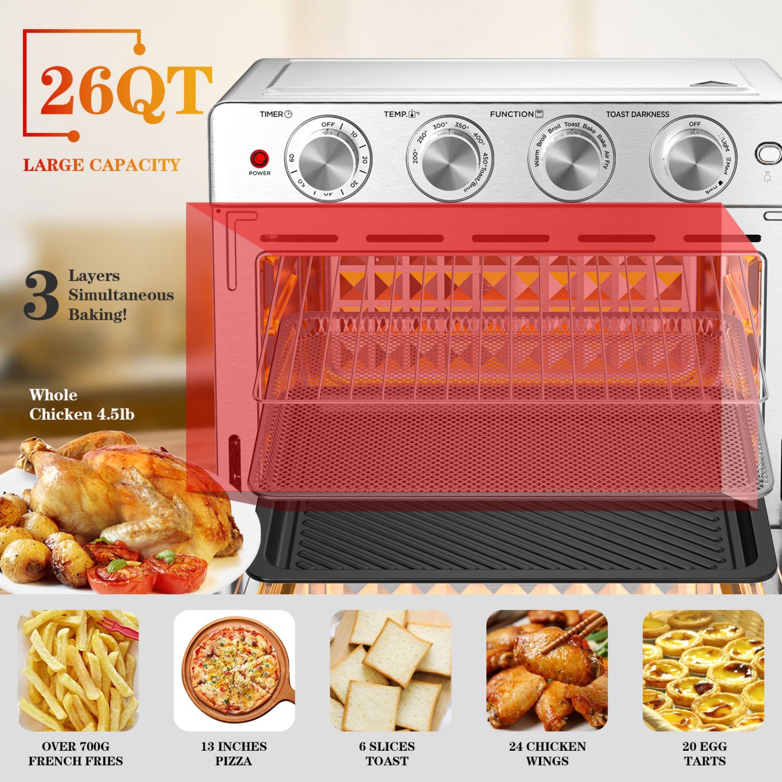 Geek Chef Air Fryer 6 Slice 26QT 26L Air Fryer Fry Oil-Free   Extra Large Toaster Oven Combo   Air Fryer Oven  Roast  Bake   Broil  Reheat   Convection Countertop Oven   Stainless St sun store